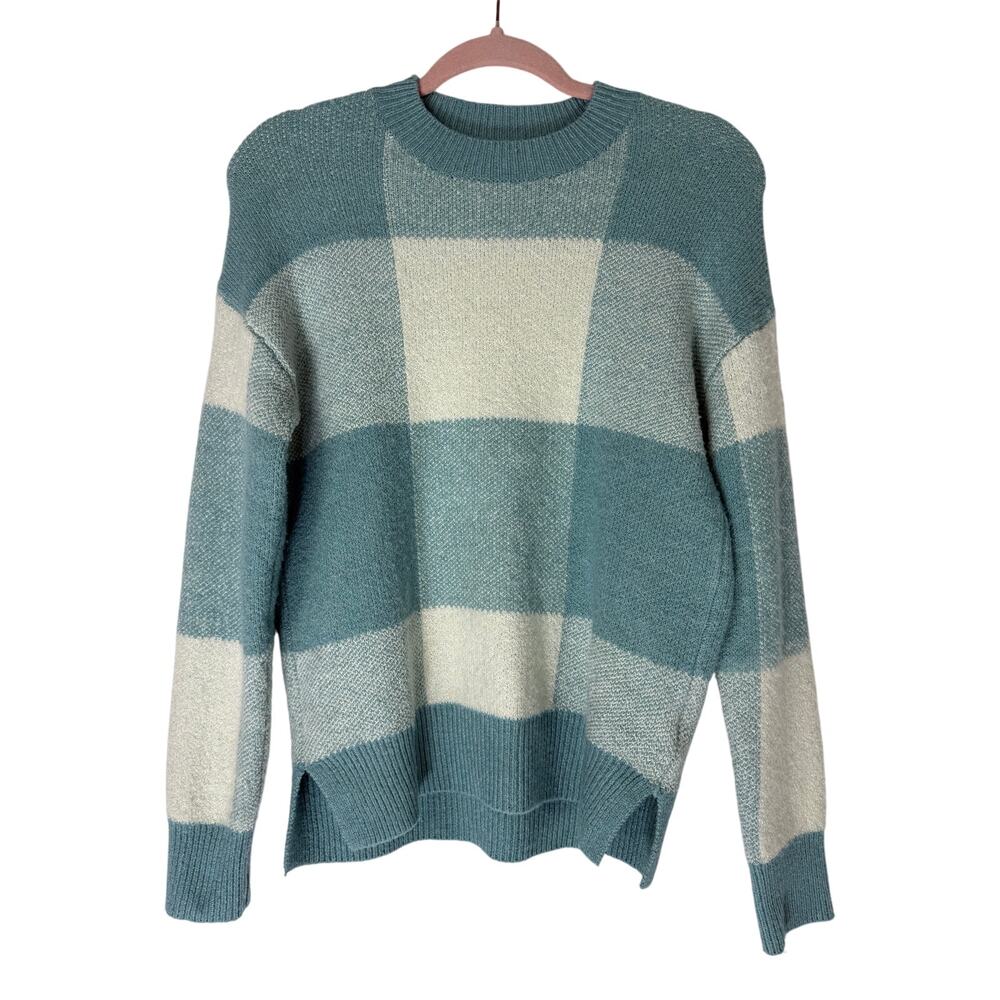Christian Siriano NY Teal Ivory Plaid Long Sleeve Crew Neck Soft Sweater Size XS